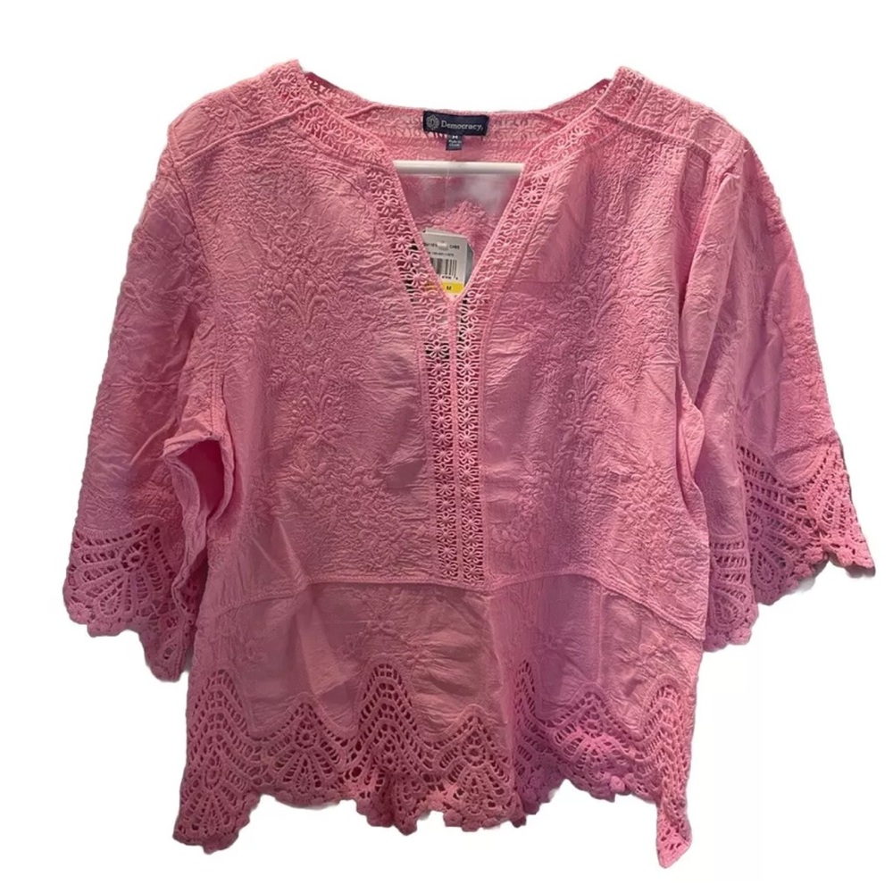 Democracy Women's Top Pink Crochet 3/4 Split Bell Sleeve Size M Flowy, Boho